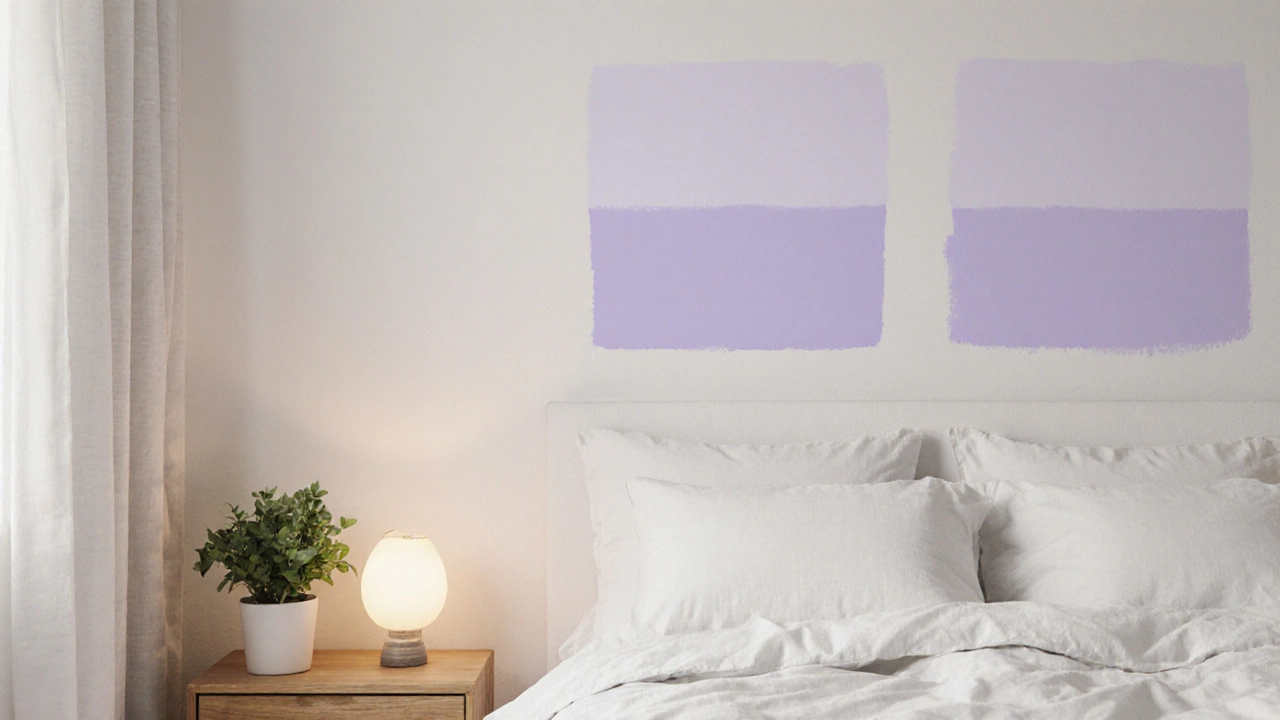 Bedroom with a paint test swatch on the wall next to white bed and plant.