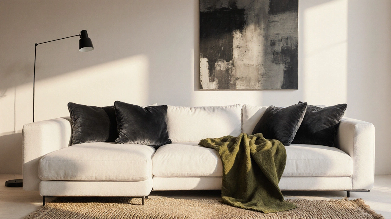 Белая мебель с текстурированными подушками в оливковых и серых тонах на фоне нейтрального интерьера.