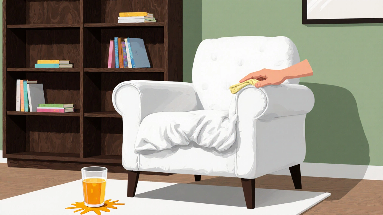 Белое кресло с съемным чехлом в детской комнате, рядом — пролитый сок и рука, убирающая пятно.