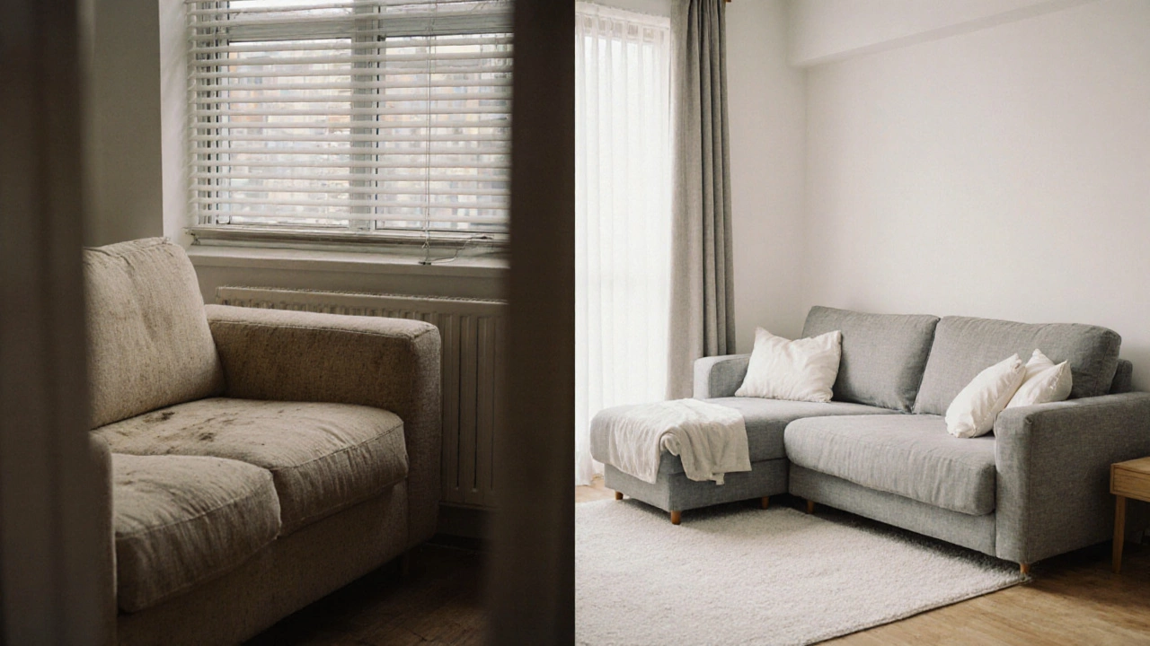 Бежевый диван в тусклой квартире выглядит грязновато, в отличие от чистого серого с накидкой — подчеркивает практичность.