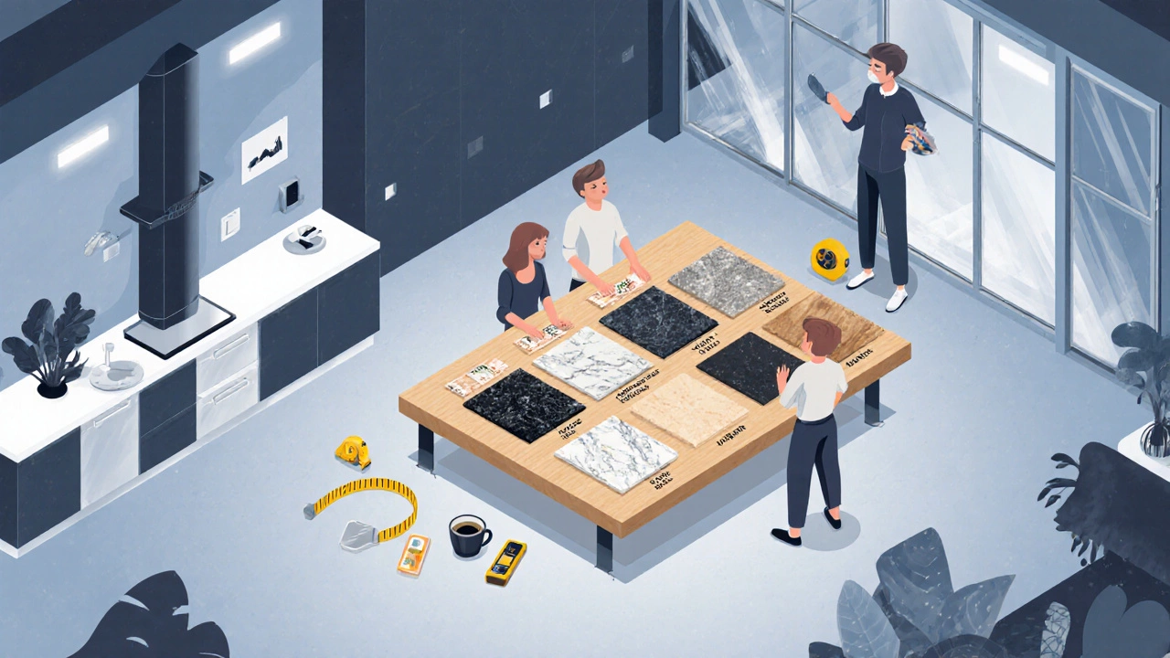 Изометрическая сцена с образцами материалов столешницы и семьёй, выбирающей вариант.