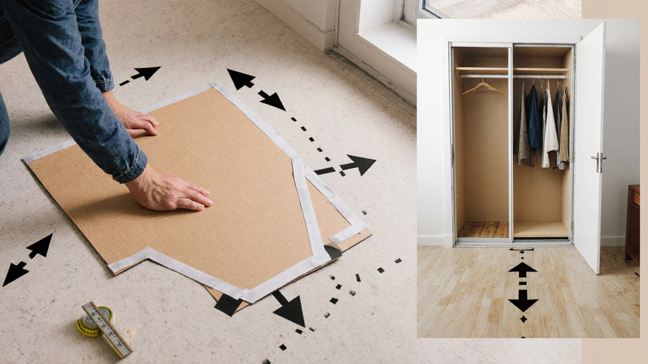 Кардонный контур шкафа на полу, с метками проходов и измерительными инструментами.