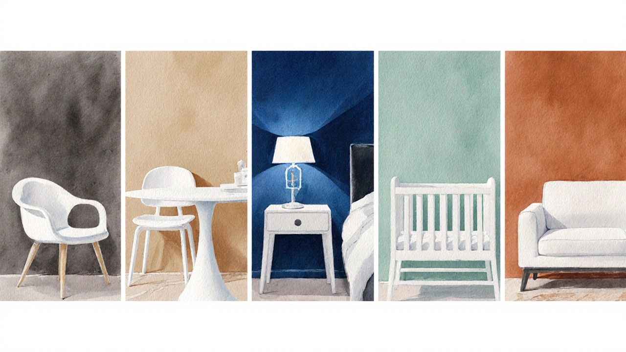 Six watercolor panels showing wall colors with white furniture pieces.