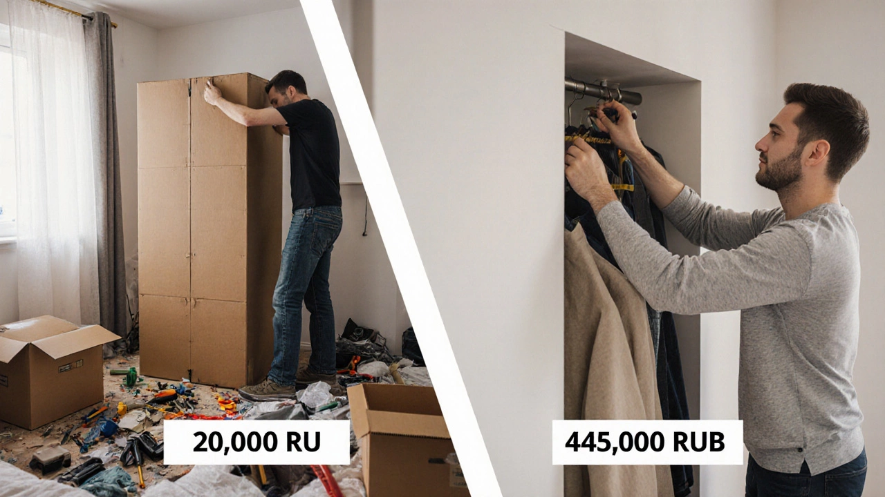 Сравнение: сборка корпусного шкафа слева, установка встроенного справа.