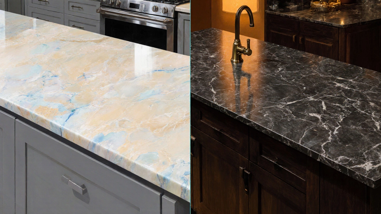 Сравнительный рисунок светлой и темной столешницы в одной кухне, показывающий контраст.