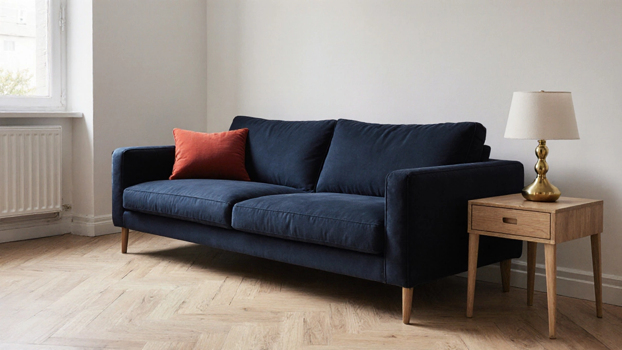 Темно-синий диван в скандинавском интерьере с деревянными элементами и золотой лампой, добавляет элегантность без перегрузки.