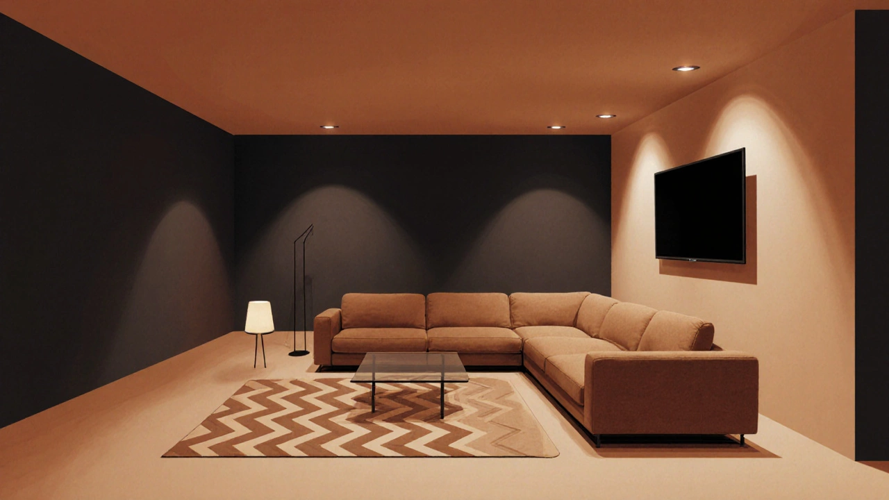 Угловой диван у длинной стены, телевизор на короткой стене, кофейный столик.