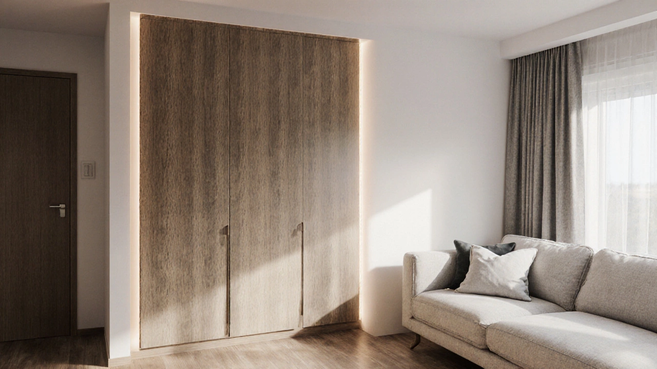 Встроенный шкаф до потолка вдоль стены, с зазором от дивана для удобства.