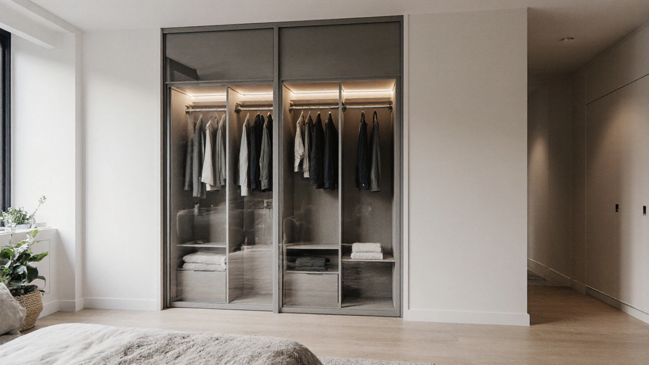Встроенный шкаф-купе в нише с подсветкой и стеклянными дверями, идеально вписанный в интерьер.