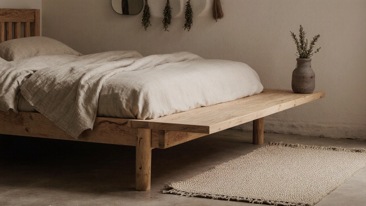 Деревянная платформа с бортиками, льняное белье и шерстяной коврик для молитвы — простая, спокойная спальня без декора.