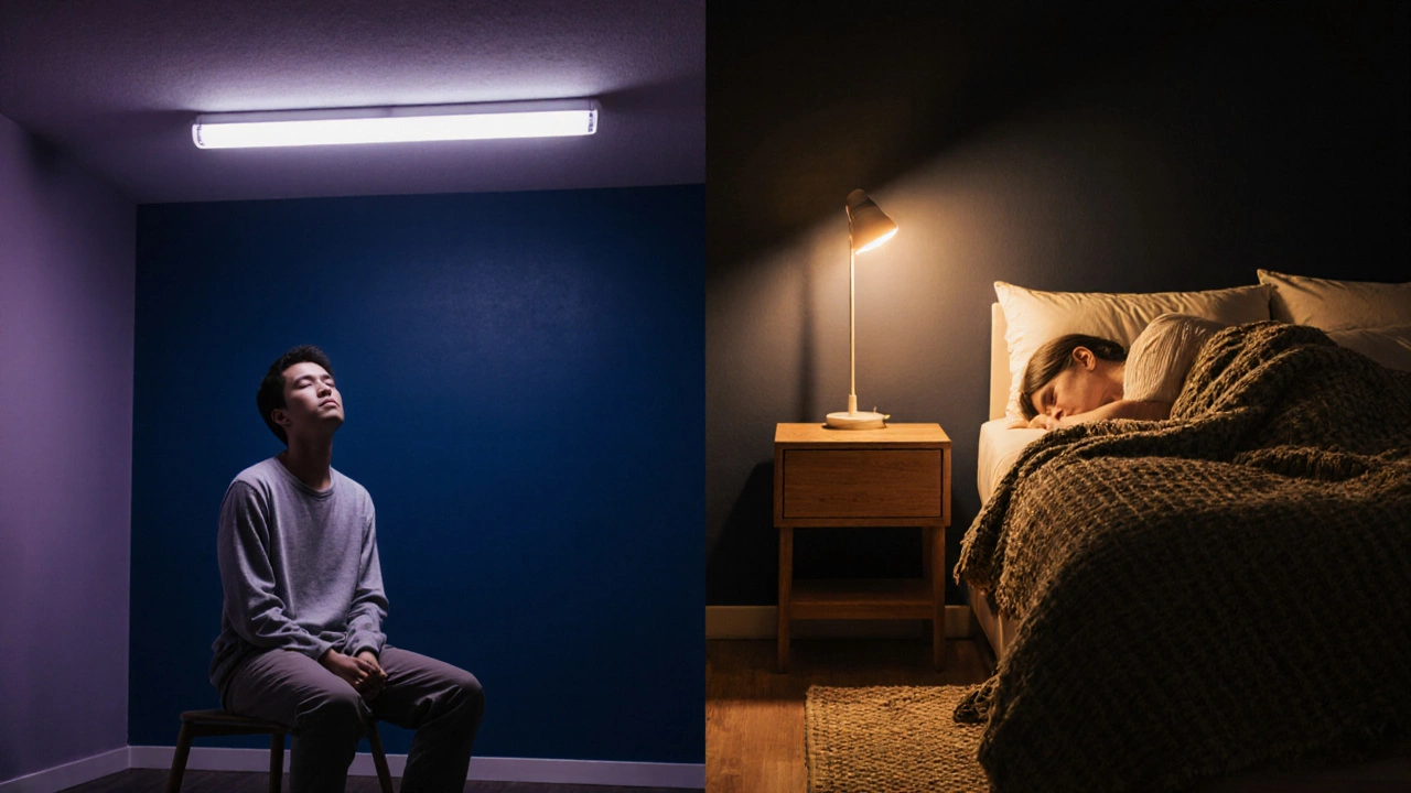 Два варианта спальни: слева — мрачная с фиолетовым оттенком, справа — спокойная с глубоким синим, сравнение влияния цвета на сон.