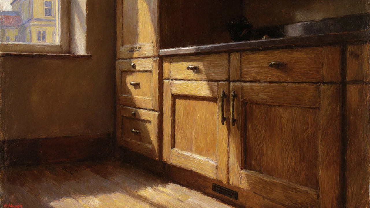 Фасады из массива дуба с щёточной текстурой и бронзовыми ручками в тёплом свете.