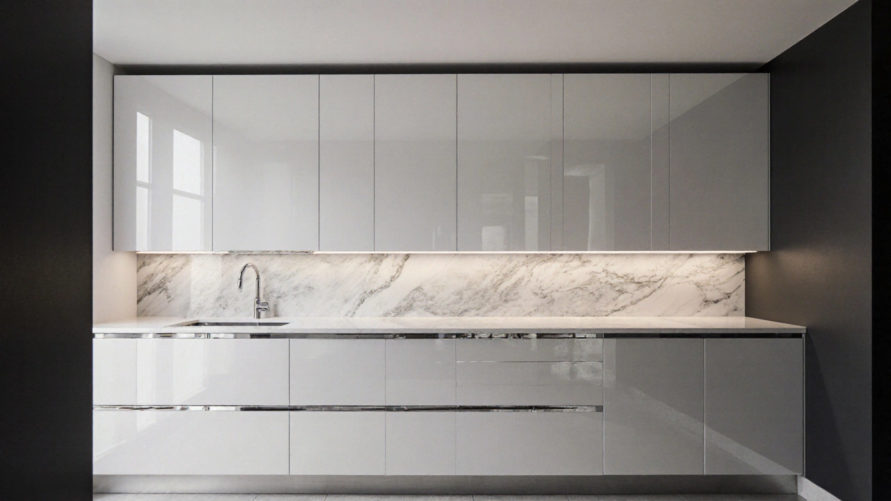 Глянцевые белые фасады из лакированного МДФ с хромированными ручками и вставками из мрамора.