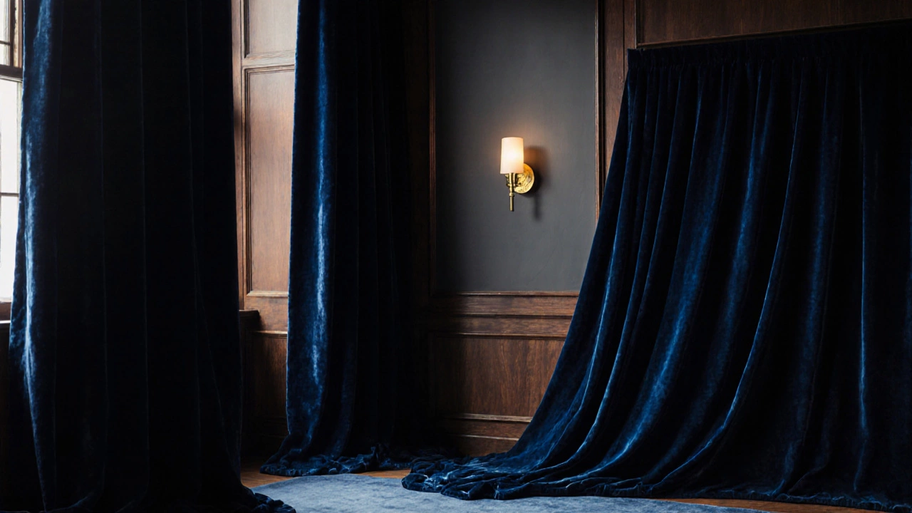 Глубокие синие бархатные шторы у деревянных панелей, золотой светильник создает уютную атмосферу.