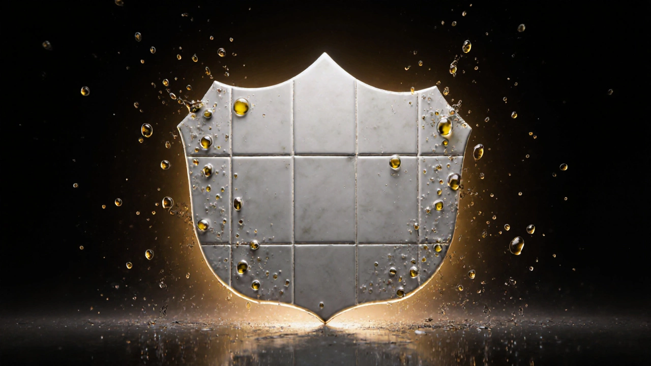 Керамическая плитка как броня, отталкивающая брызги жира и воды в абстрактном стиле.