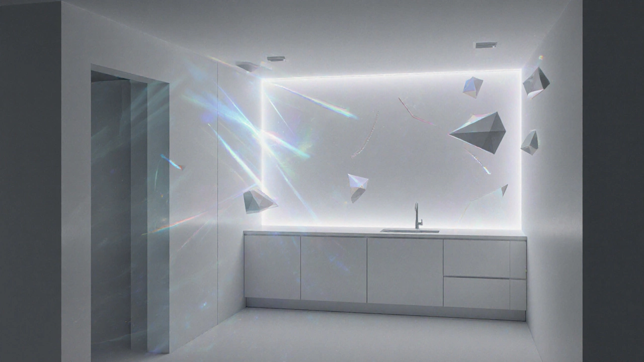 Концептуальное изображение кухни, где свет и цвет визуально расширяют пространство, убирая границы стен.