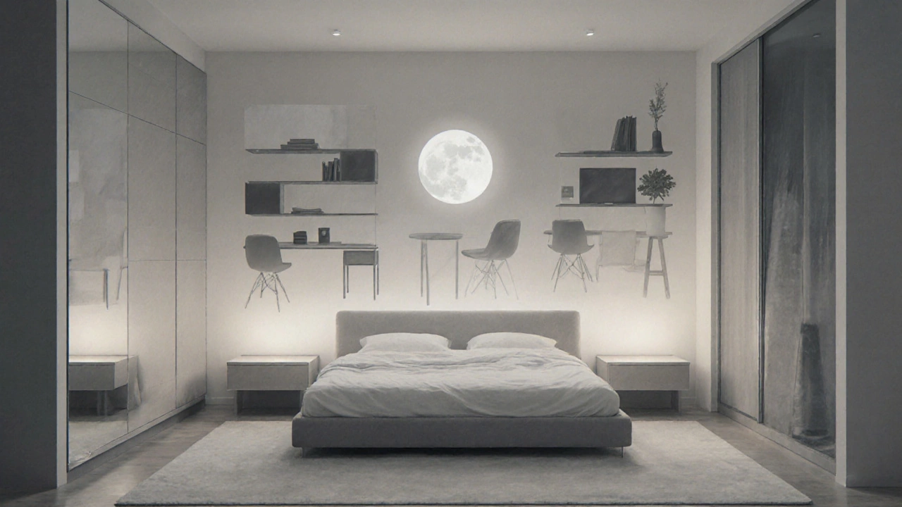 Концептуальное изображение спальни с лишь четырьмя необходимыми предметами мебели, остальные — едва видимые силуэты.