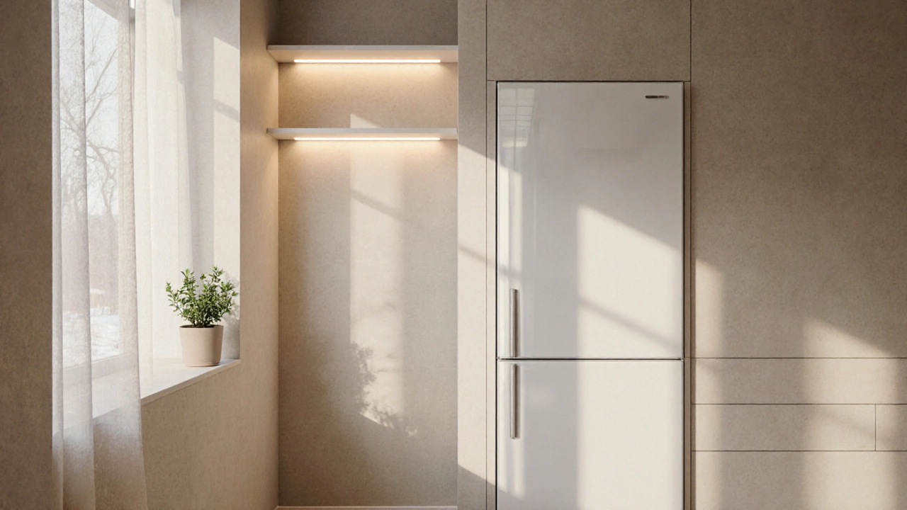 Кухня с бесшовным сочетанием стен и фартука в бежевых тонах, подсветкой под шкафами и окном с лёгкими шторами.