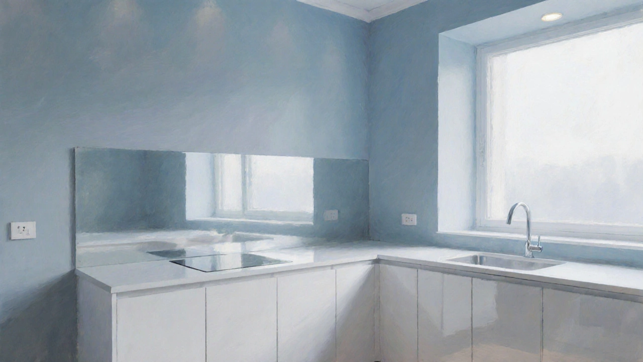 Кухня в приглушенном светло-голубом цвете с периметральным освещением и отражающей панелью напротив окна.