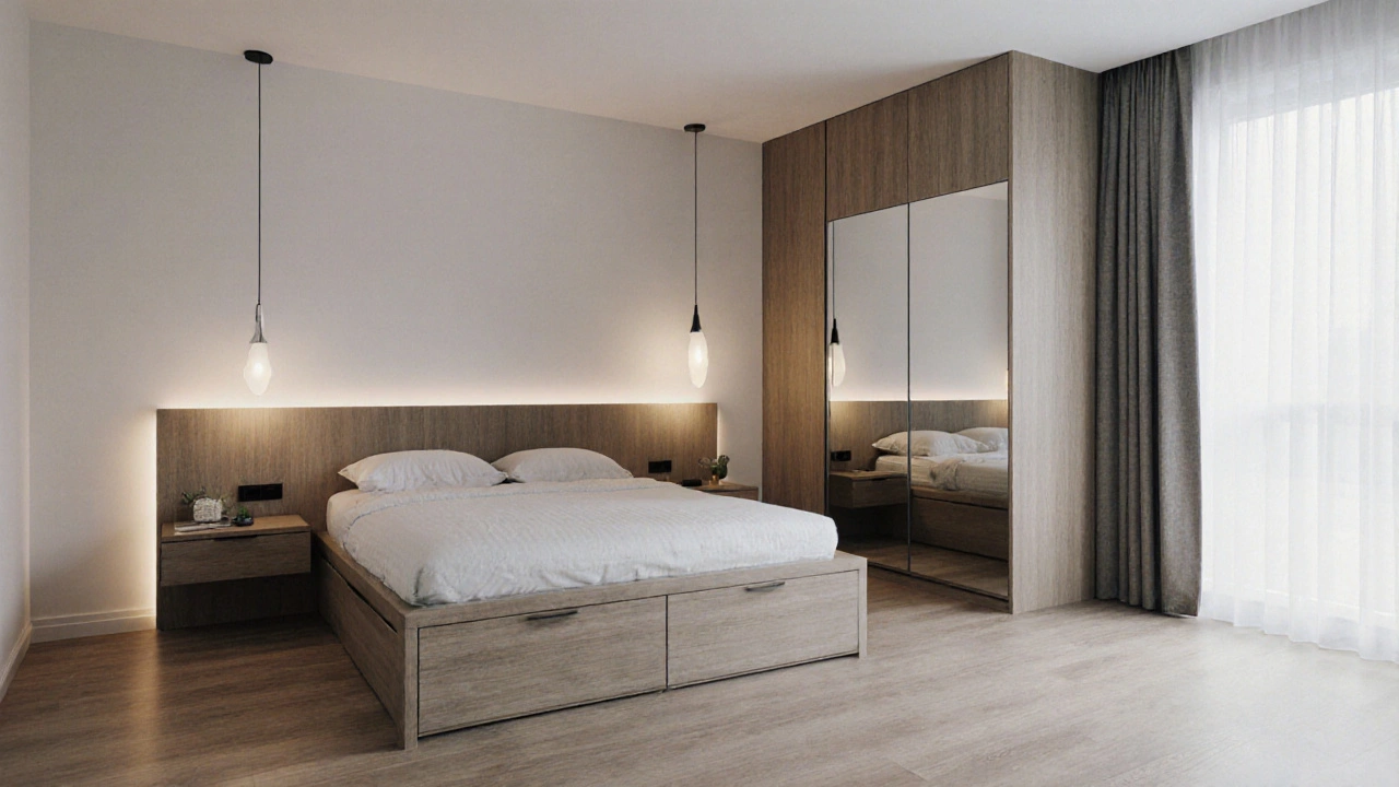 Маленькая спальня 8 м² с кроватью на хранении, настенными полками и зеркальным шкафом, пространство дышит.