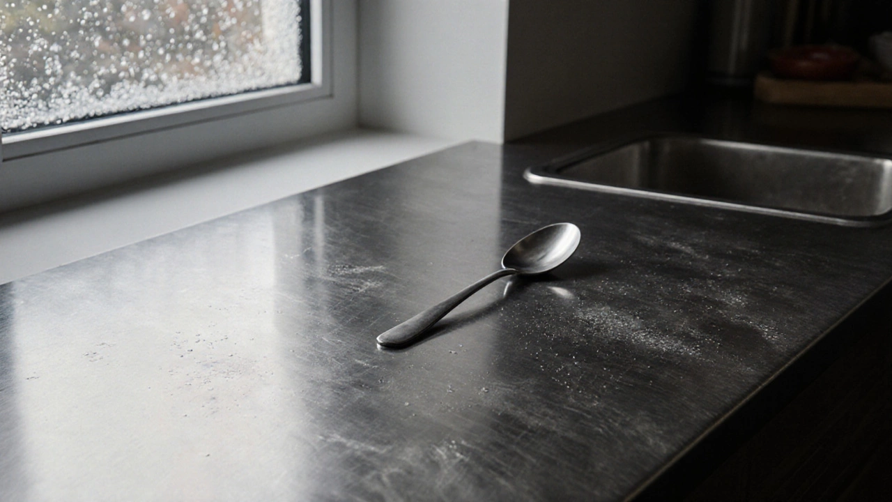 Нержавеющая сталь на кухонном фартуке с отпечатками пальцев и царапинами от ложек.