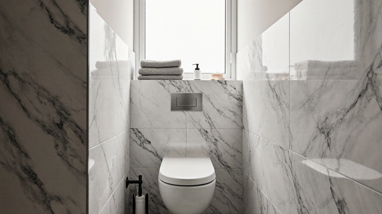 Панели ПВХ с имитацией мрамора обрамляют вентиляционный короб, оставляя зазор для воздуха, в ванной с глянцевым полом и минималистичным дизайном.