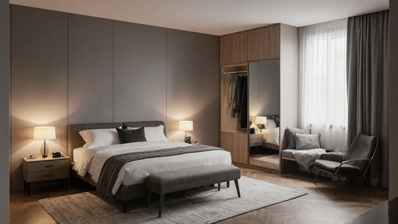 Просторная спальня с четырьмя предметами мебели, виден пол, нет лишних вещей, атмосфера уюта и покоя.