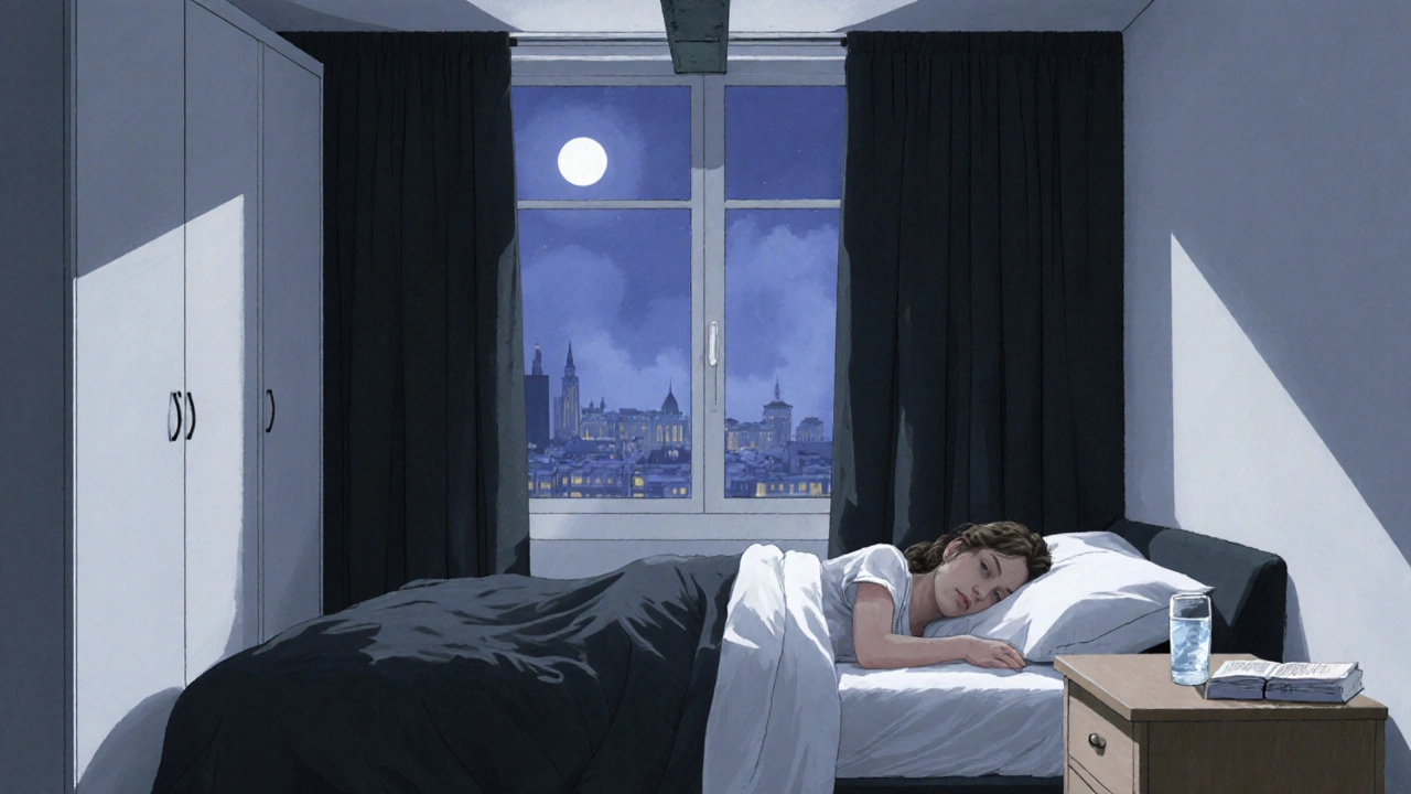 Спящий человек в маленькой спальне, кровать отодвинута от окна, над изголовьем нет балок, только книга и стакан воды.