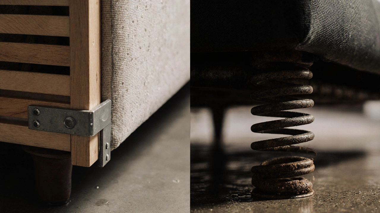 Сравнение прочных деревянных ламелей и заржавевших пружин под диваном.