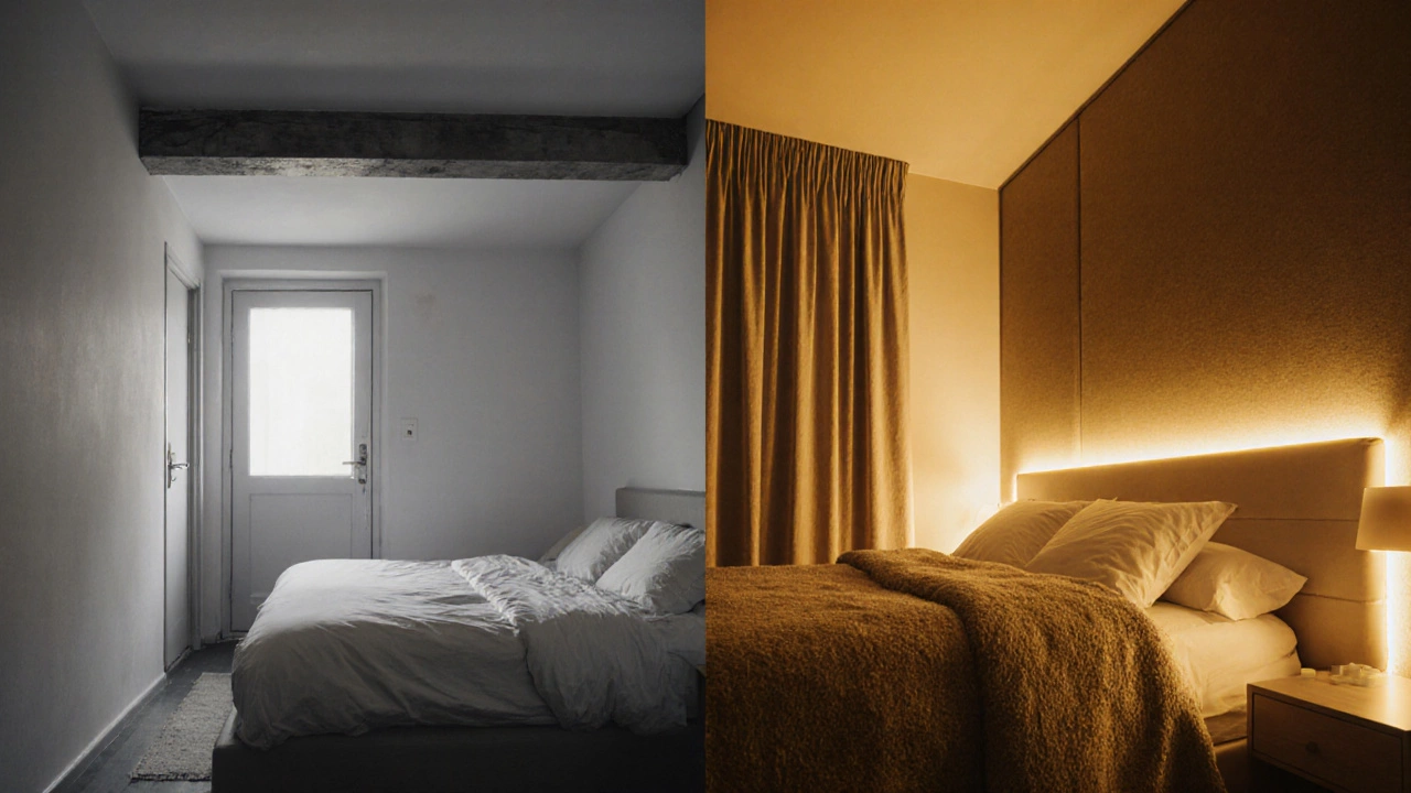 Сравнение расположения кровати: до и после — сдвинутая на 30 см, убраны балки и свет, добавлены утепляющие элементы.