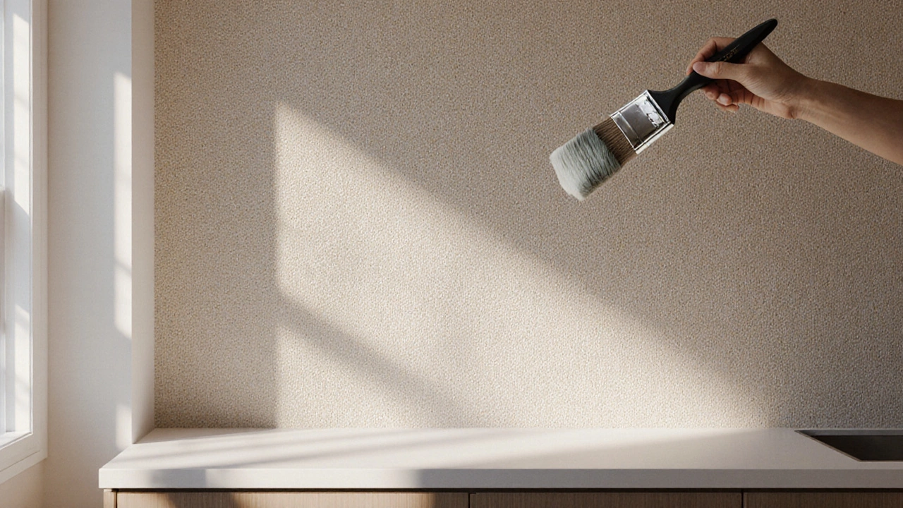 Стеклообои с тонкой волокнистой текстурой на стене кухни, готовые к покраске.