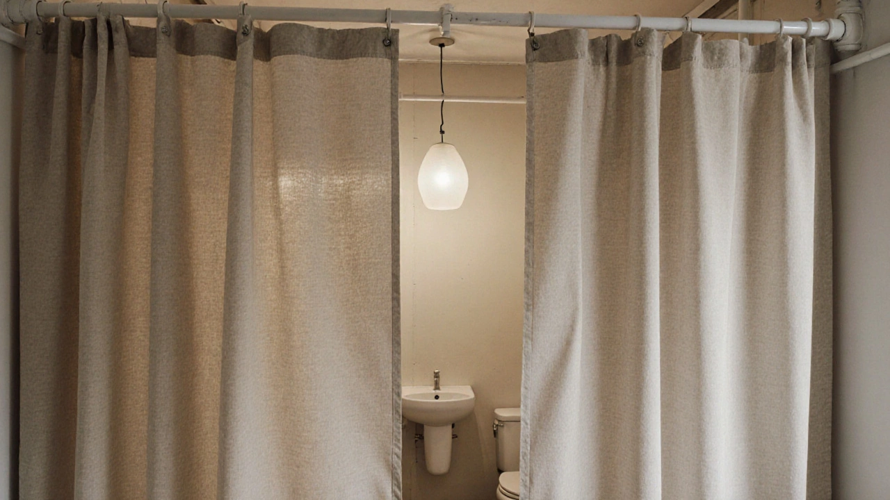 Текстильная занавеска из влагостойкой ткани мягко закрывает окрашенные трубы в узком туалете, стиль скандинавский, тёплый свет и нейтральные тона.