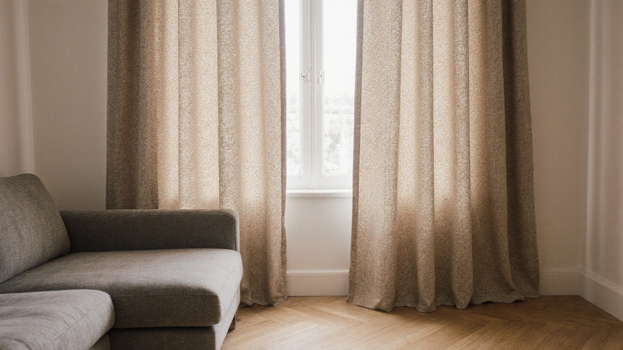 Теплые бежевые шторы из текстурированной ткани у серого дивана, утренний свет подчеркивает мягкость.