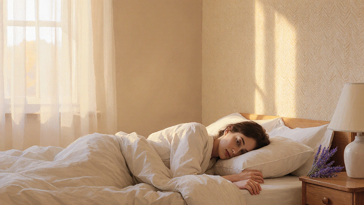 Уютная спальня с теплыми бежевыми стенами, человек спит под льняным одеялом при мягком утреннем свете.