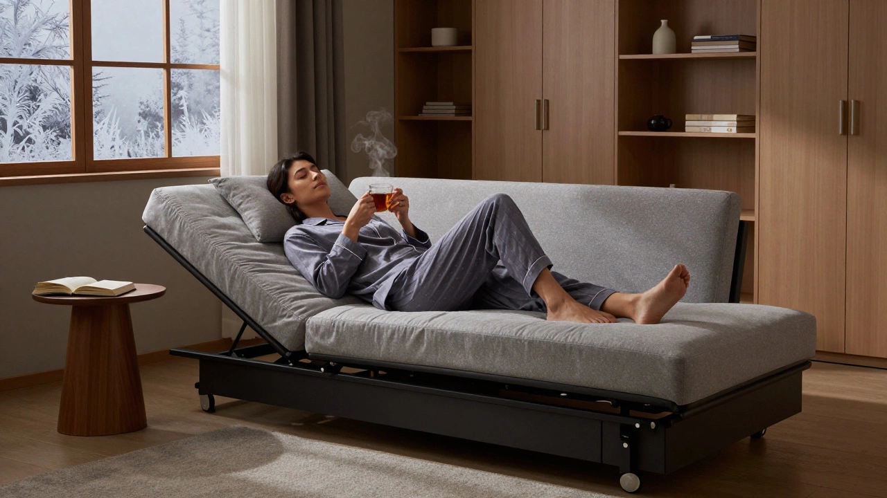 Человек отдыхает на диване-кровати в спальне с чашкой чая, за окном — зимний город, мебель сочетает функциональность и уют.