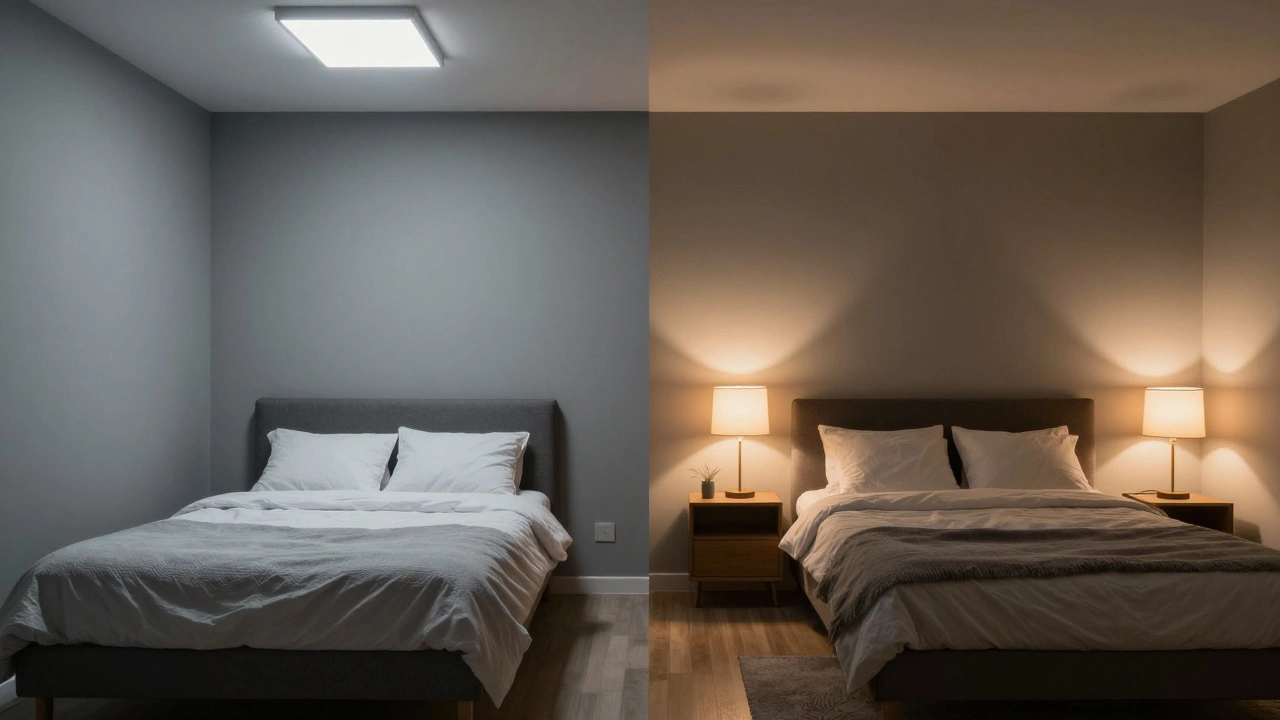 Двухчастная сцена: холодная серая спальня слева, тёплая серая — справа, показывающая переход от стресса к уюту.