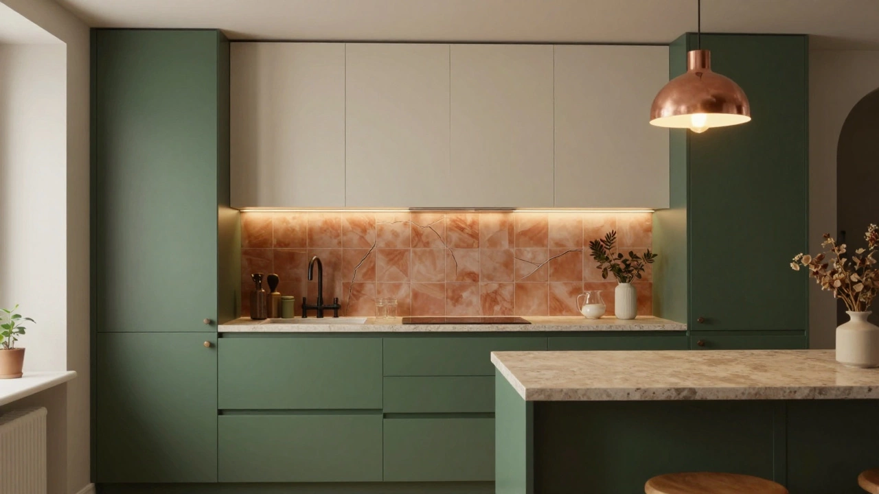 Двухцветная кухня: темно-зеленые нижние шкафы и кремовые верхние, с медной лампой и терракотовым акцентом на стене.