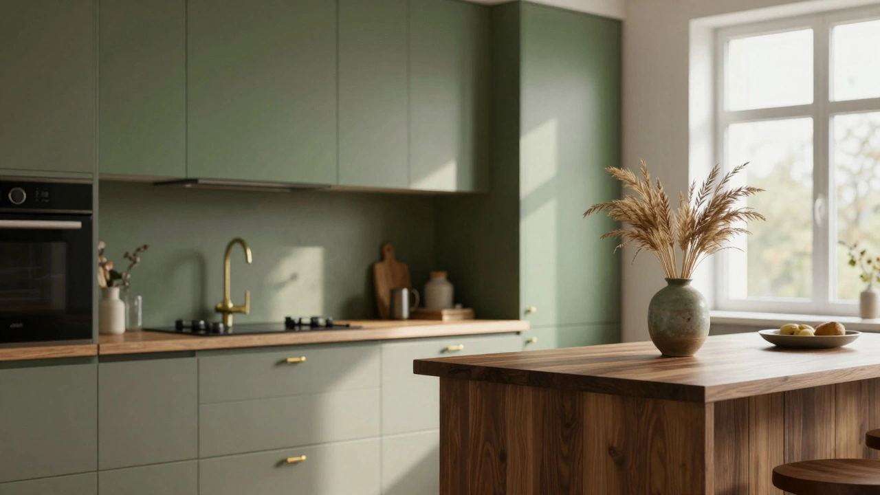 Кухня с мохово-зелеными верхними шкафами и теплым серым низом, с медной фурнитурой.