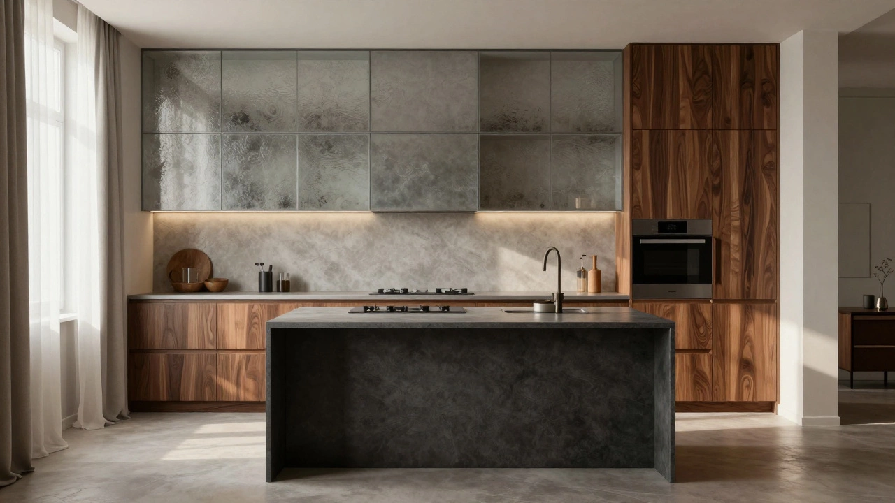 Кухонные фасады из стекла и темного дерева в сочетании с матовым МДФ, освещенные утренним светом.