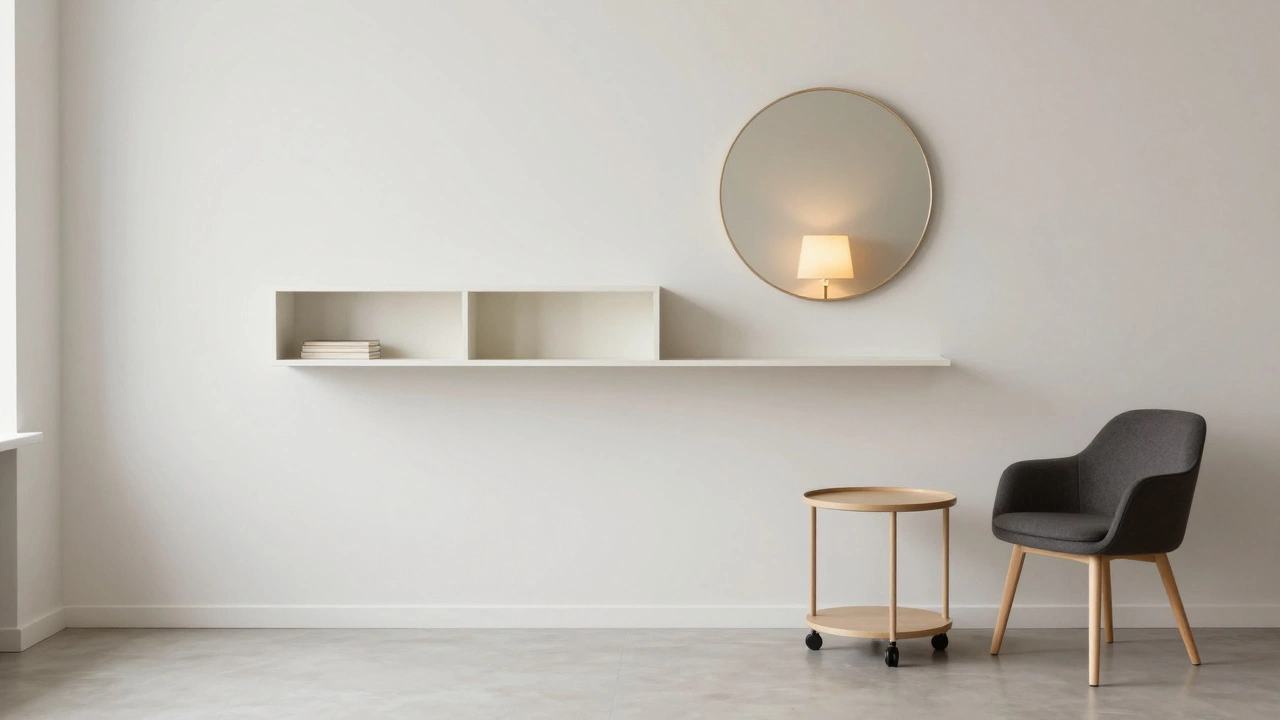 Маленькая гостиная с полками, отстоящими от стены, и тумбочками на колесиках, подчеркивающими свободу движения.