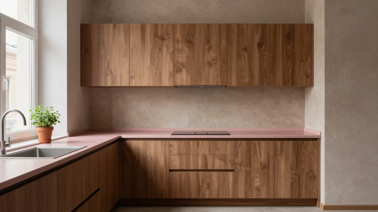 Маленькая кухня с розово-пыльной столешницей и ореховыми фасадами, оформленная в теплых нейтральных тонах без бликов и хрома.