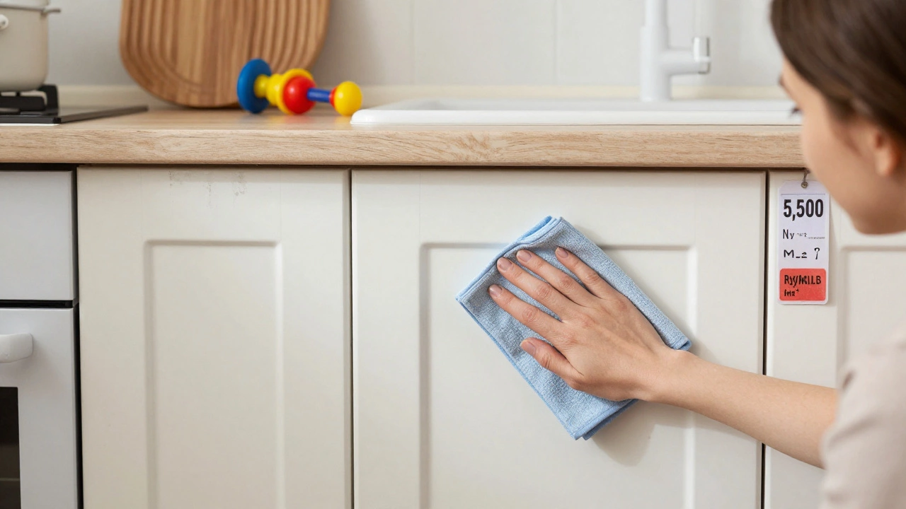 Матовые эмалевые фасады с легкими следами использования, рядом с ребенком и тряпкой для уборки.
