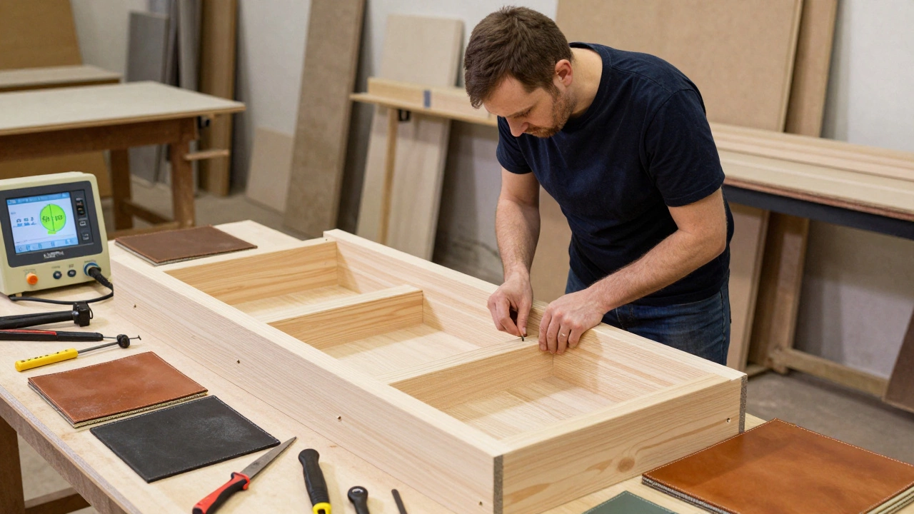 Русский мастер проверяет деревянный каркас дивана в мастерской с инструментами и образцами ткани