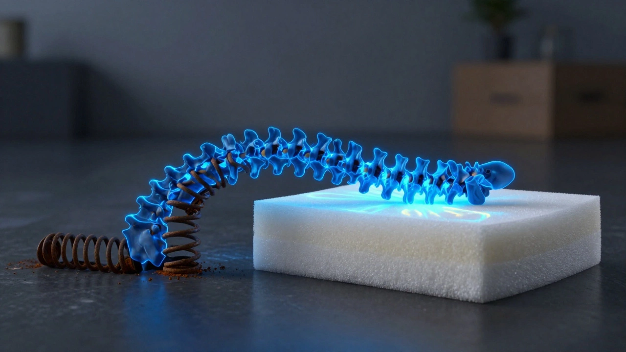 Силуэт позвоночника на двух поверхностях: одна деформирована, другая — равномерно поддерживает.