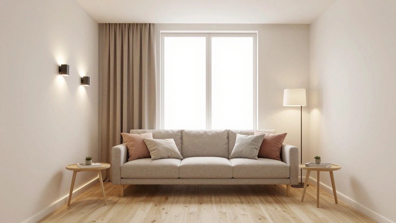 Современная гостиная с низким диваном, вертикальными шторами и рассеянным светом от нескольких источников.