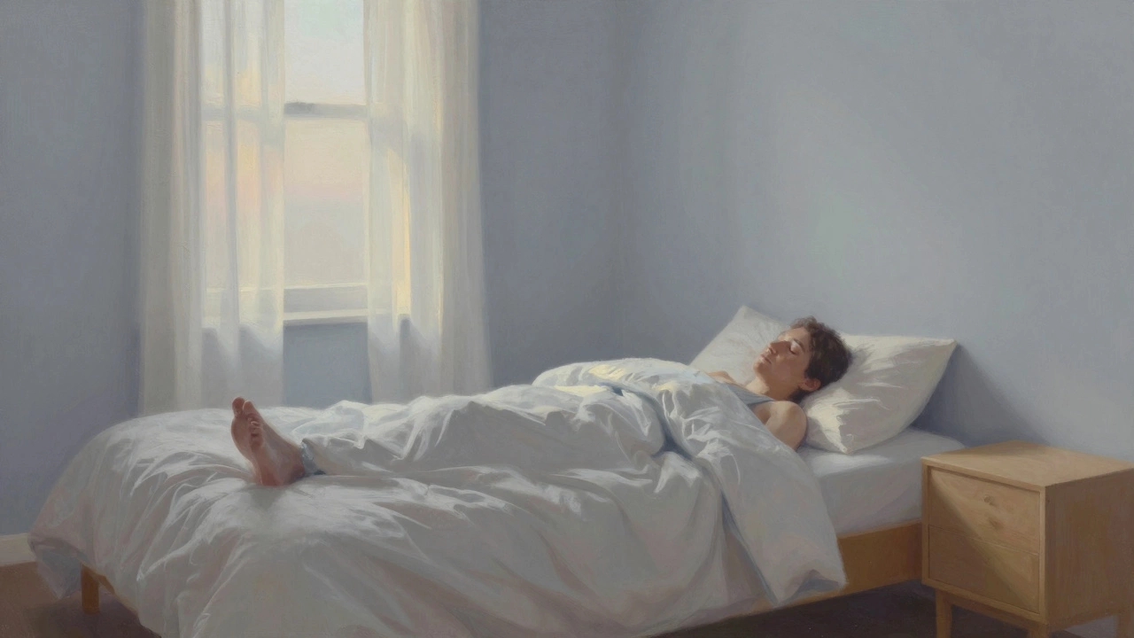 Спальня с пастельно-серо-голубыми стенами и мягким утренним светом, человек спит спокойно.