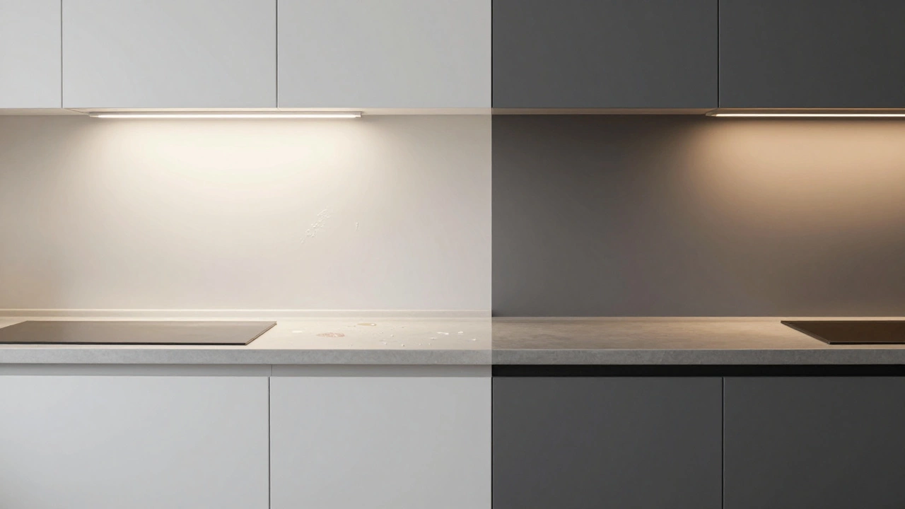 Сравнение: белая кухня с пятнами слева и темно-серая без следов грязи справа, символизирующее практичность.