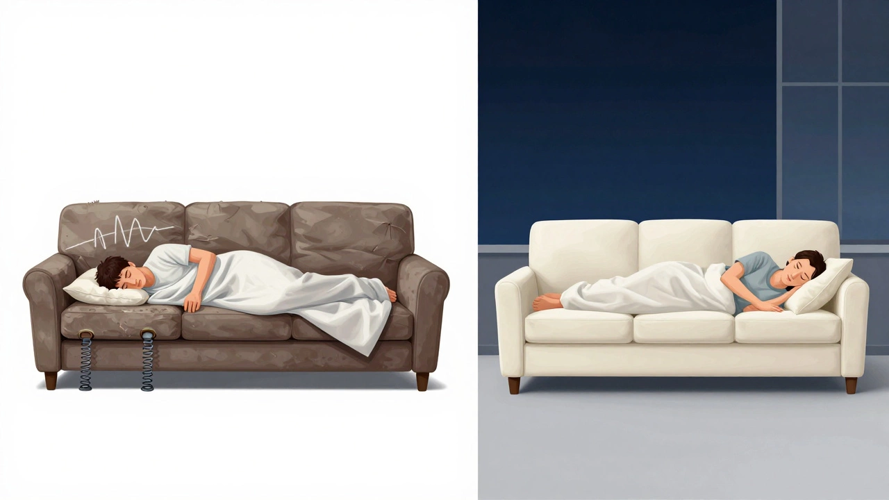 Сравнение: старый пружинный диван с провисанием и новый поролоновый с равномерной поддержкой.