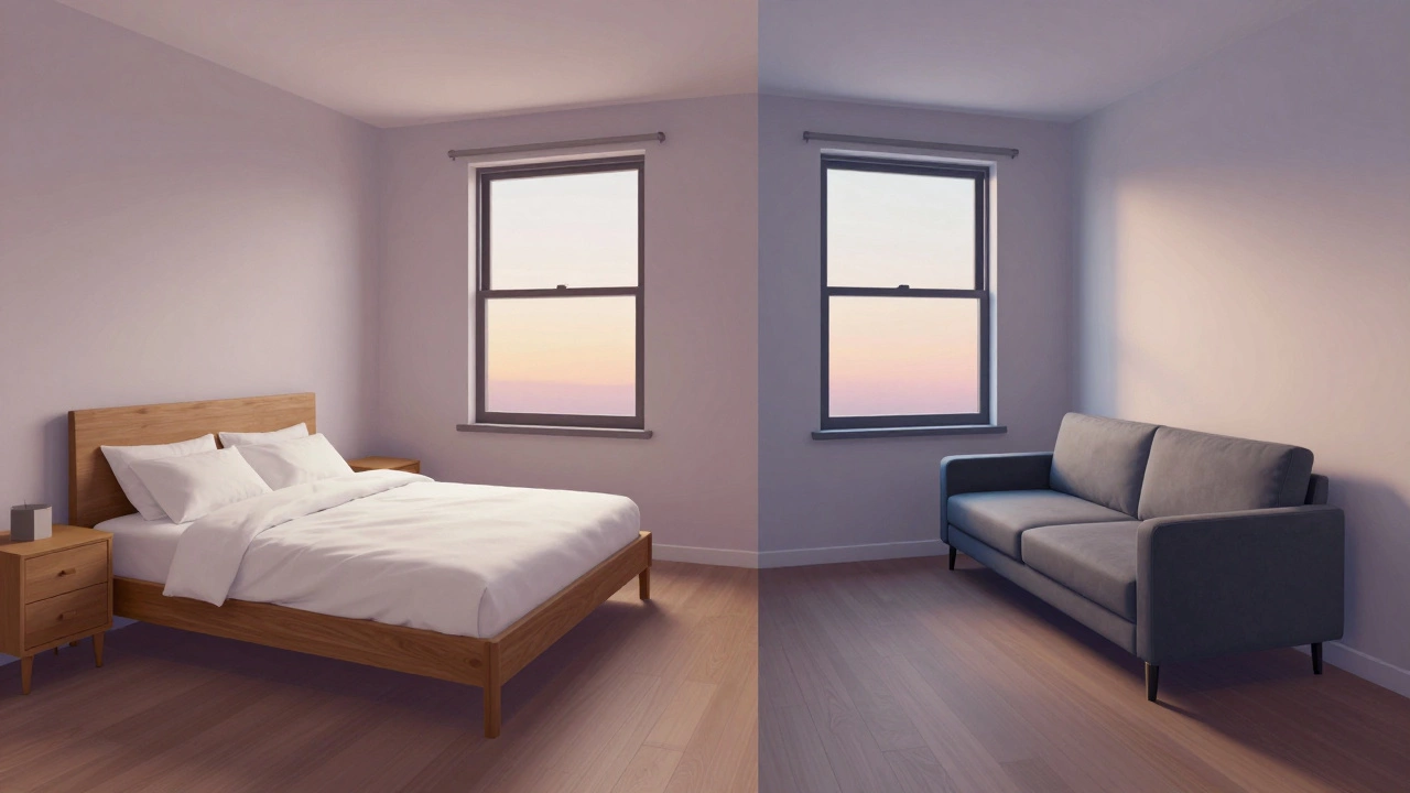 Сравнение традиционной кровати и дивана-кровати в двух типах спален — просторной и компактной, в мягком сумеречном свете.
