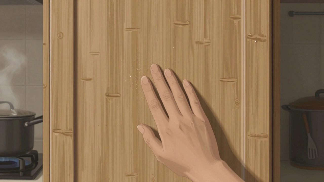 Текстурированный ПВХ с рельефом под бамбук, на котором не остаются жирные пятна.